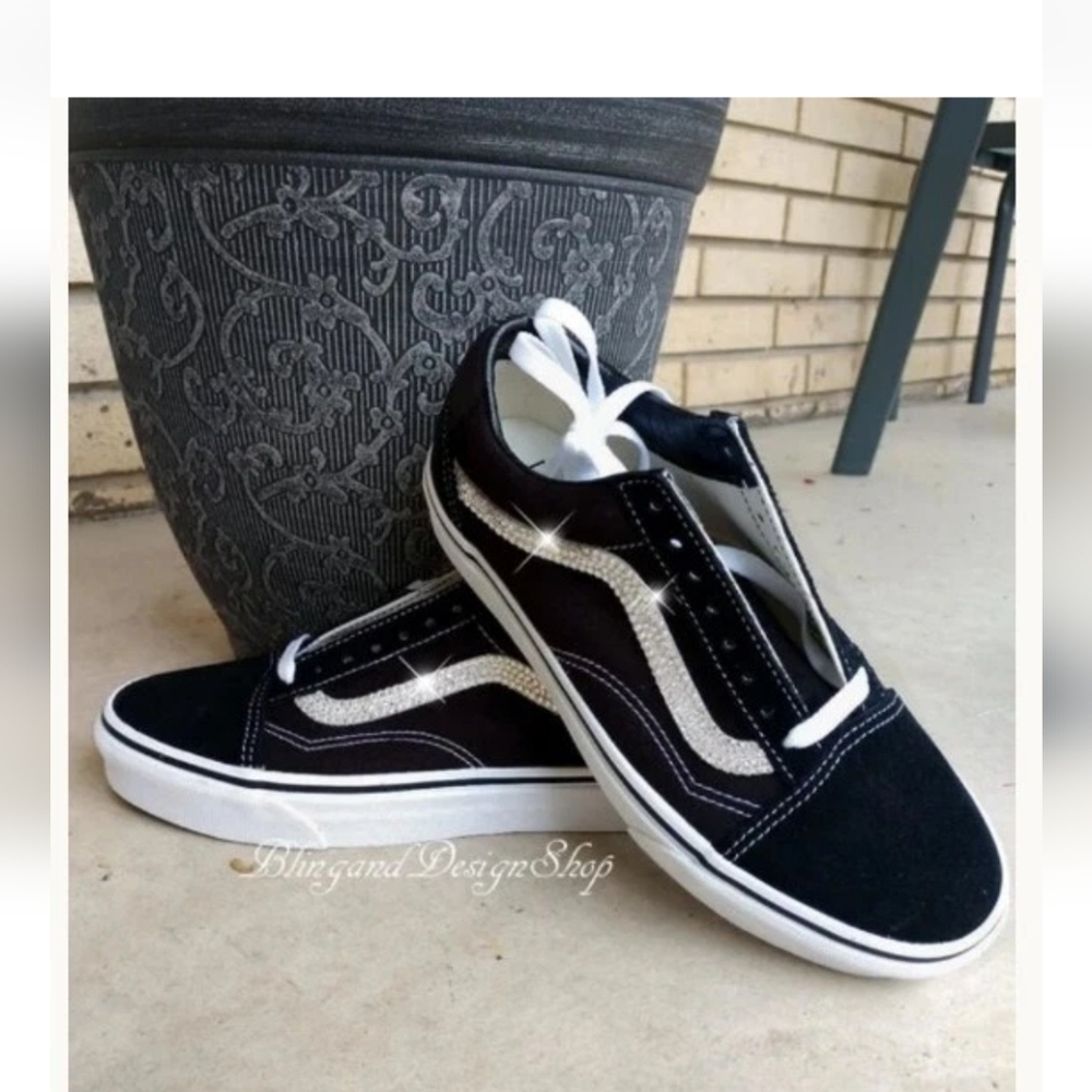 Bling Womens Vans Old Skool Black White Shoes Customized with Swarovski Crystals - Picture 5 of 5